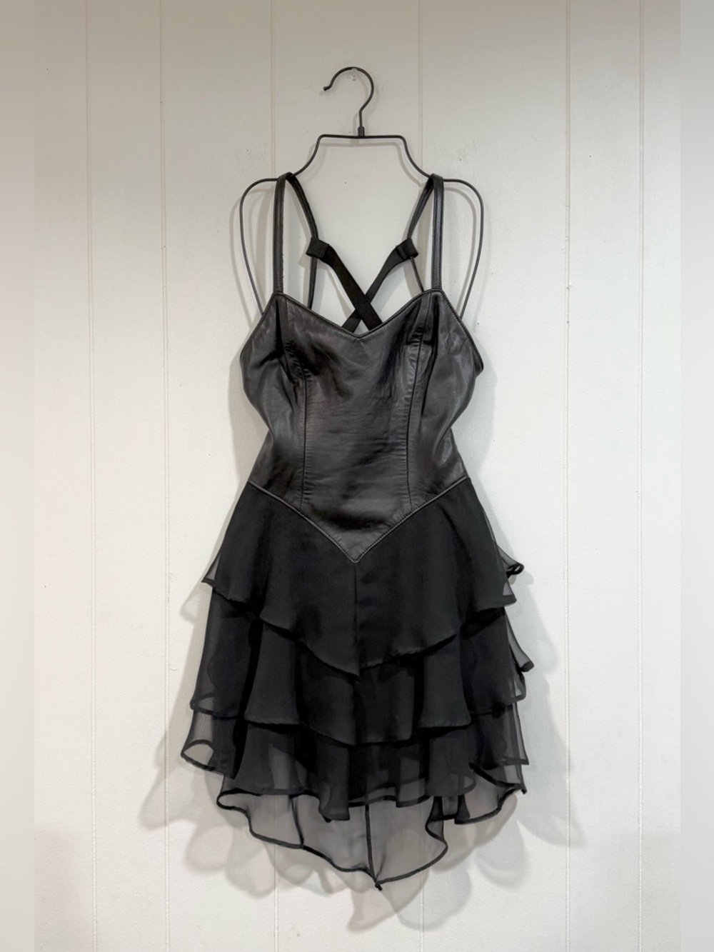 VTG 90s FIRENZE Leather Corset Dress Black Sheer Ruffle Gothic Fairy Y2K Medium